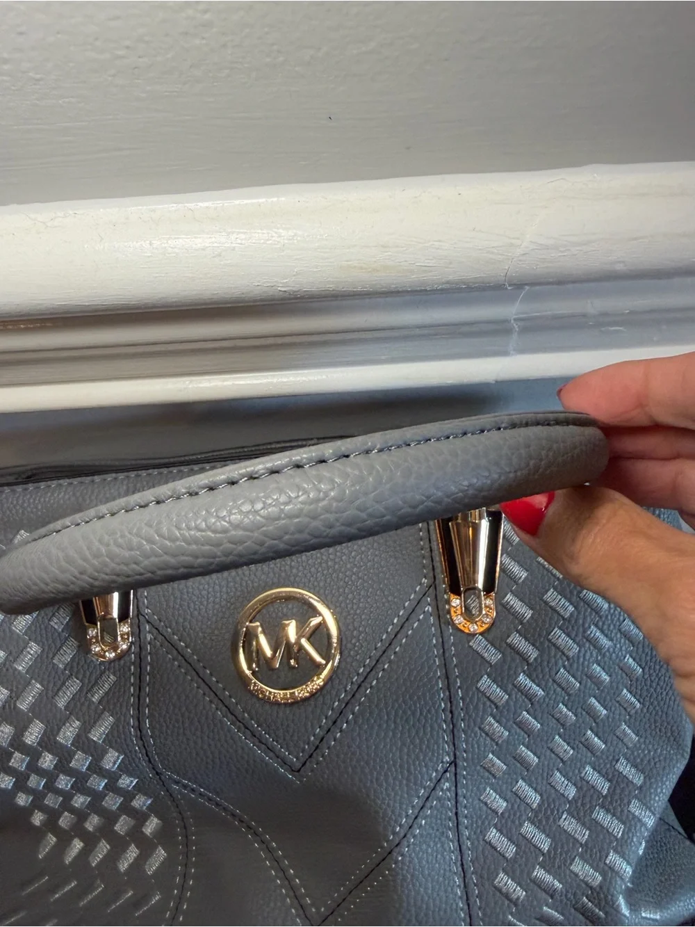 Michael Kors Gray Perforated Leather Satchel with Gold Hardware